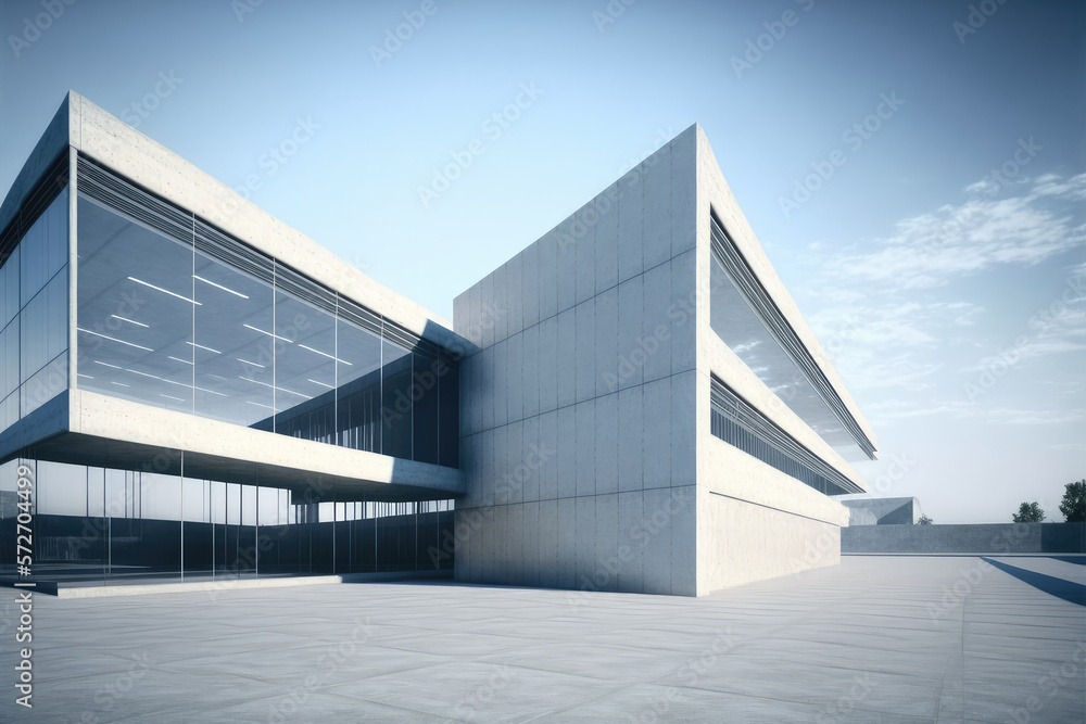 Modern architecture exterior of public hall entrance in urban building outdoor under bright sky with