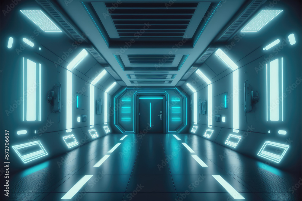 Empty sci-fi futuristic room of spaceship with blue light decoration . Super modern interior design.