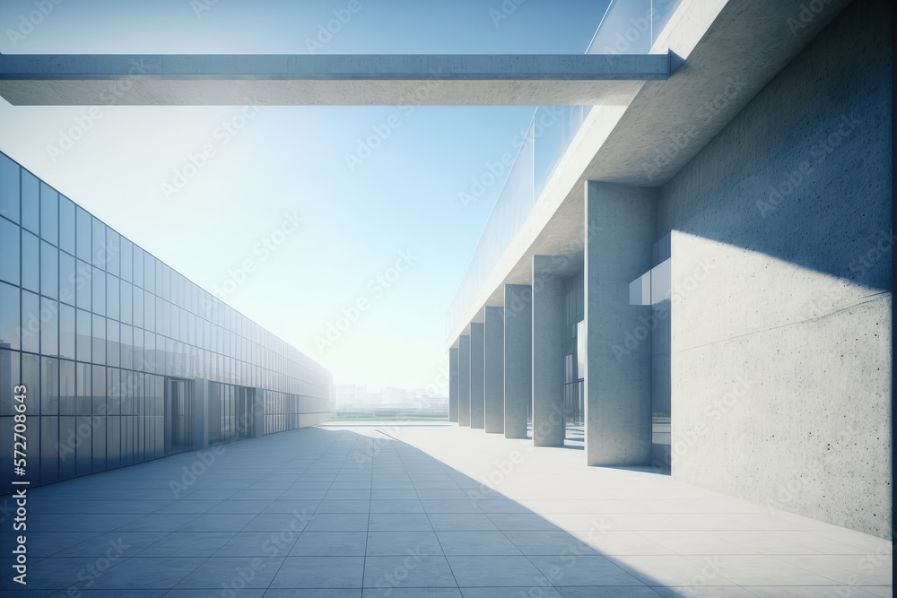 Modern architecture exterior of public hall entrance in urban building outdoor under bright sky with