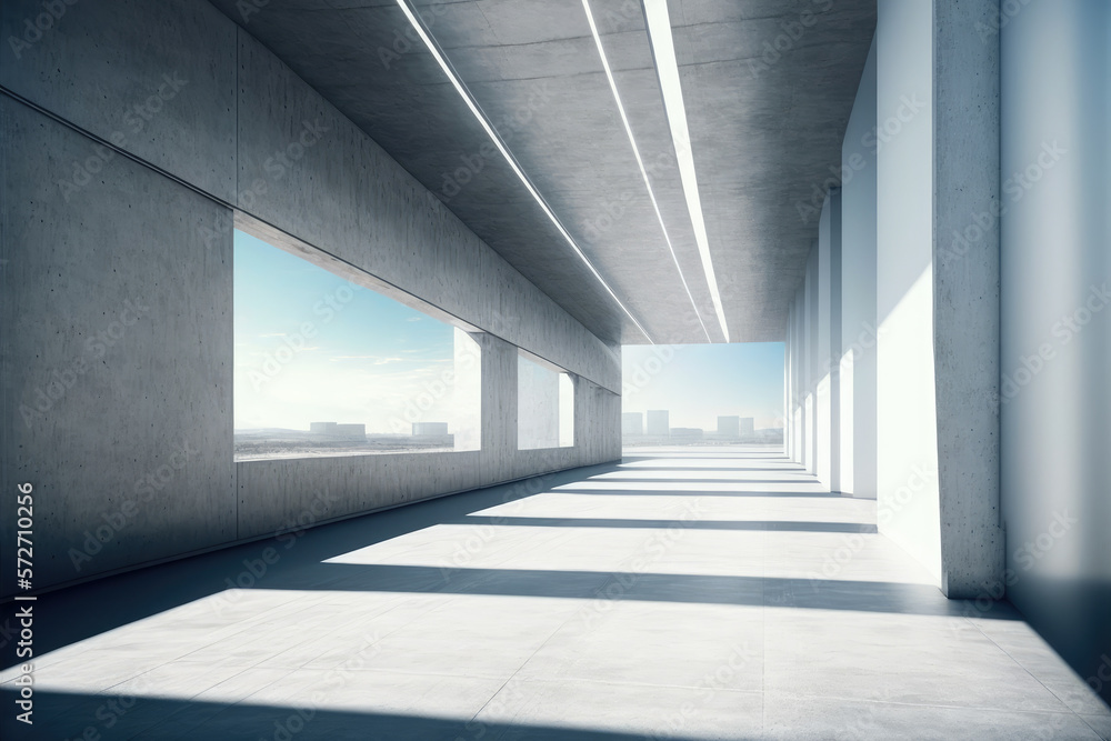 Modern architecture exterior of public hall entrance in urban building outdoor under bright sky with