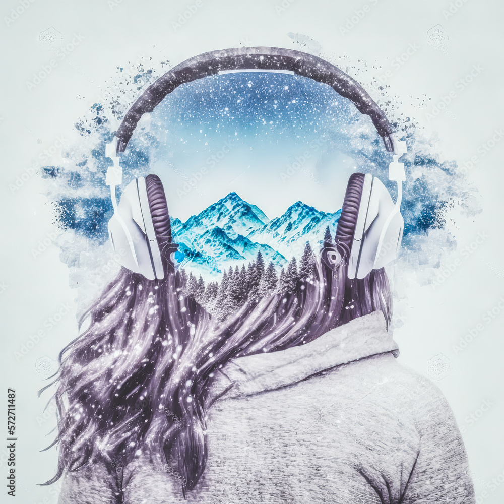 Sedate woman in headphone listening to music audio or ambient sound of double exposure snow mountain