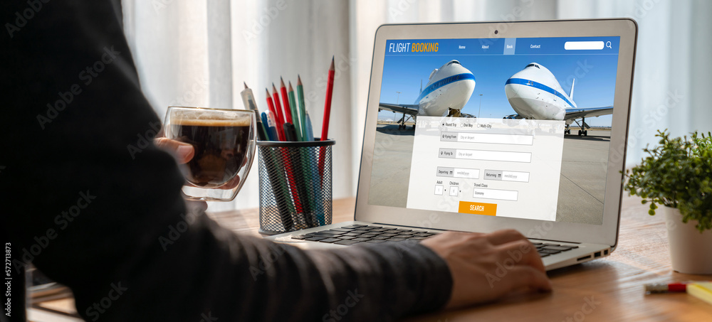 Online flight booking website provide modish reservation system . Travel technology concept .