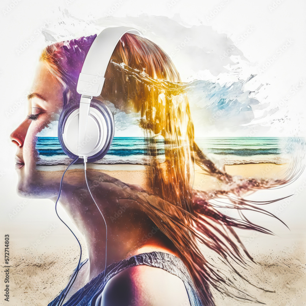 Creative double exposure sedate woman portrait wearing headphone listening to music or sound of blue