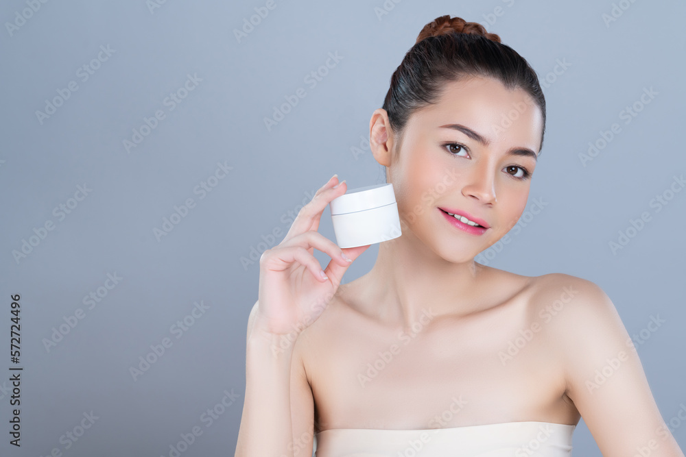 Glamorous beautiful perfect cosmetic skin with soft makeup woman portrait hold mockup jar cream or m