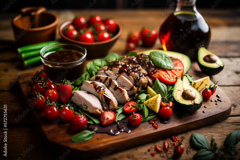 An arrangement of healthy foods, including avocado, cherry tomatoes and grilled chicken, displayed o