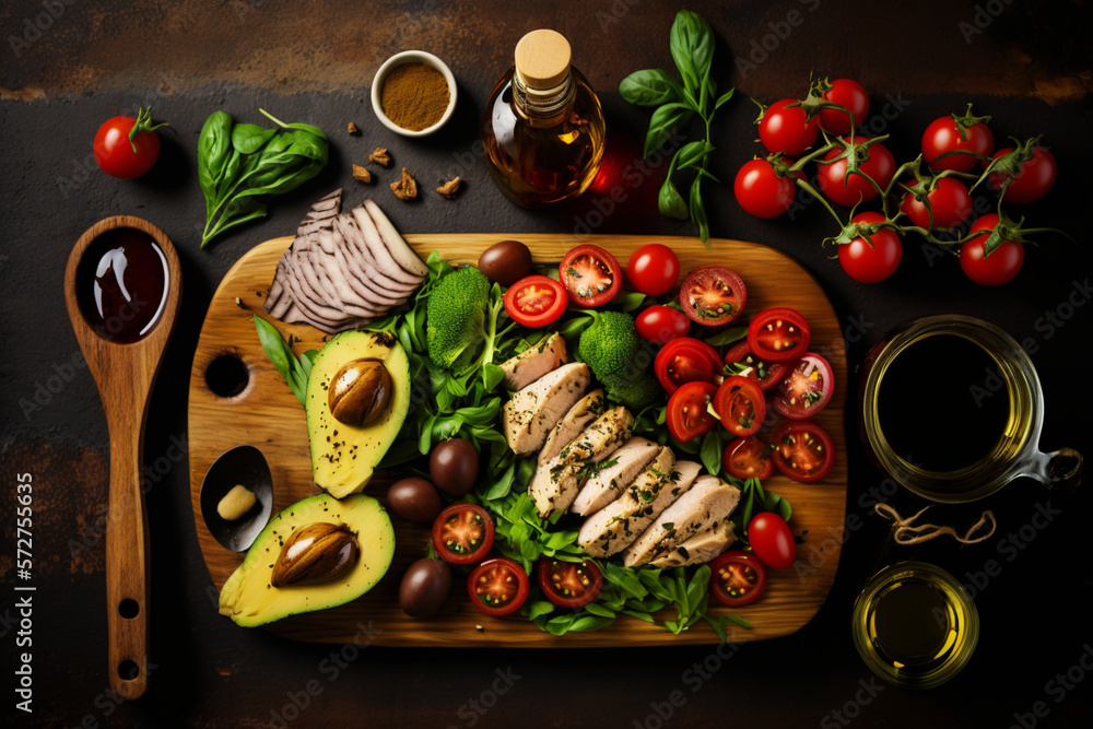 A colorful assortment of healthy foods laid out on a wooden board with avocado, cherry tomatoes and 