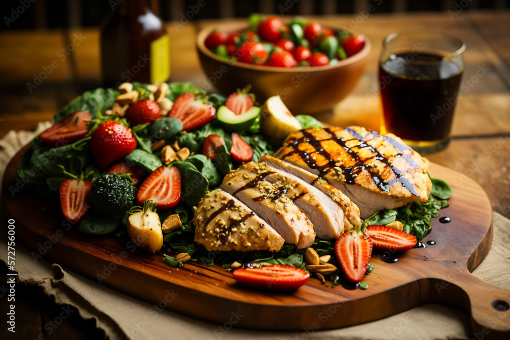 A colorful assortment of healthy foods laid out on a wooden board with avocado, strawberries, almond