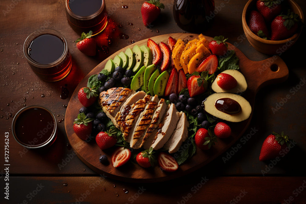 A colorful assortment of healthy foods laid out on a wooden board with avocado, strawberries, bluebe