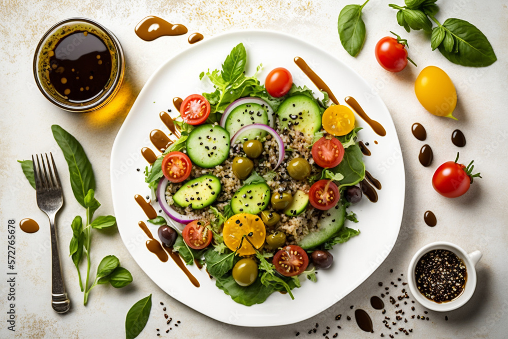 A healthy and appetizing salad arranged on a white plate from an overhead perspective, with leafy gr