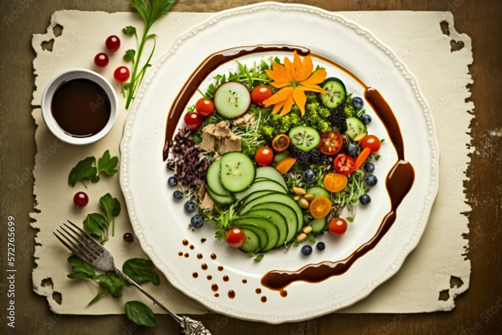 An overhead shot of a healthy salad made of leafy greens, cherry tomatoes, cucumbers, carrots, quino