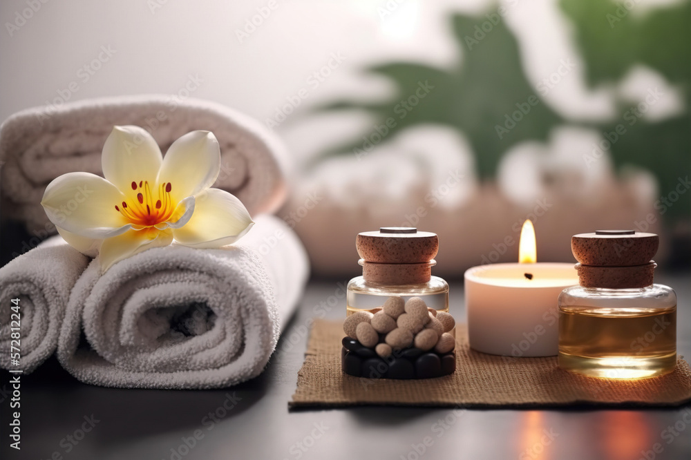 AI Generative image, spa accessory composition set in spa hotel , beauty wellness center . Spa produ