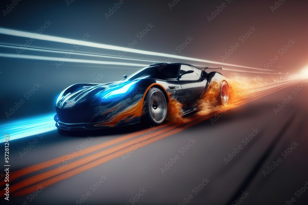 Speeding fast sports car drives on highway road with motion blur effects creating light trailing env