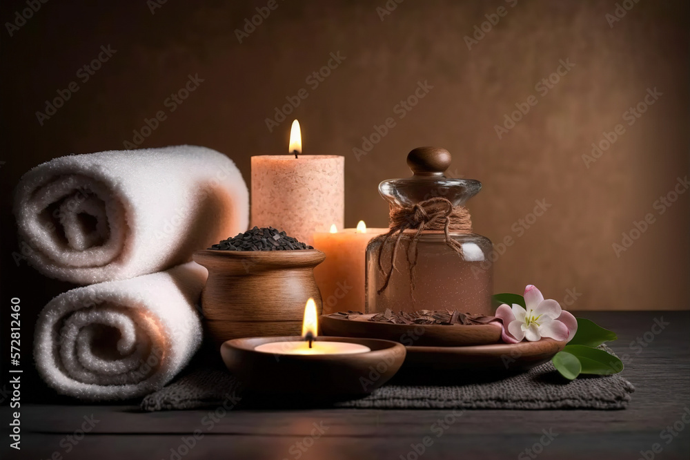 AI Generative image, spa accessory composition set in spa hotel , beauty wellness center . Spa produ