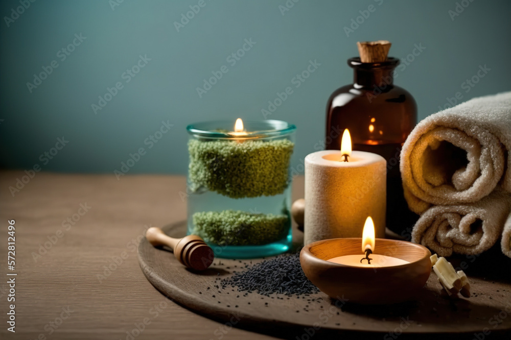 AI Generative image, spa accessory composition set in spa hotel , beauty wellness center . Spa produ