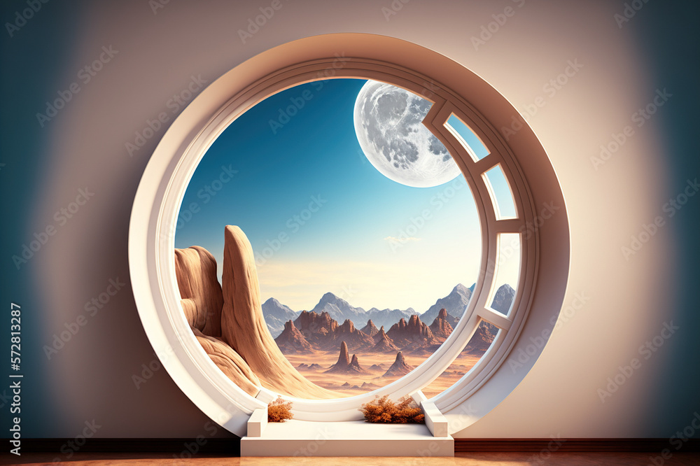 A room with round glass window overlooking beautiful landscape background . Hotel futuristic showroo