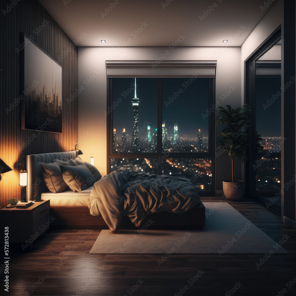 Interior of luxury penthouse bedroom at night. Peculiar AI generative image.