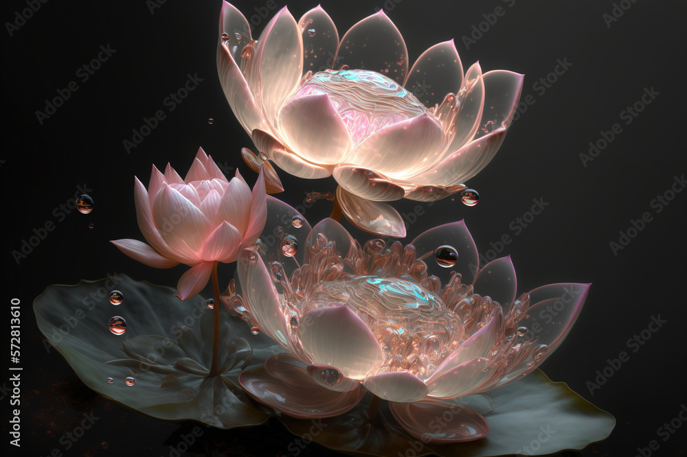 Dreamlike image of light glowing lotus flower or water lily with transparent pink illumination under