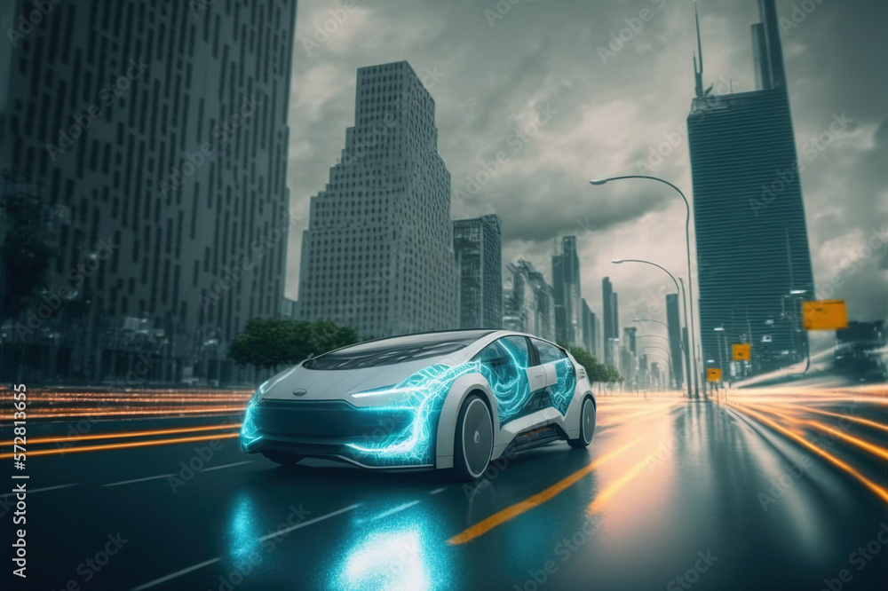 Fast electric car with luxury futuristic autonomous sensor software driving on road in downtown city