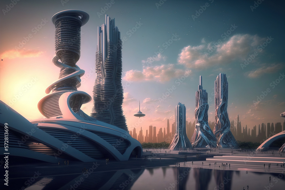 Skyline of futuristic city with fictional architecture in panoramic view . Megalopolis landscape wit