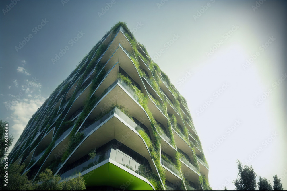 Eco-friendly green building with vertical garden design for sustainability . Sublime Generative AI i