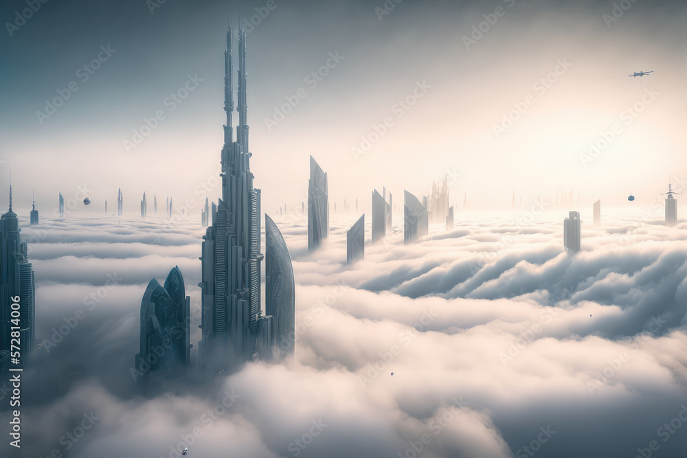 Top of skyscrapers building high above the clouds in the morning sunrise . Futuristic architecture o