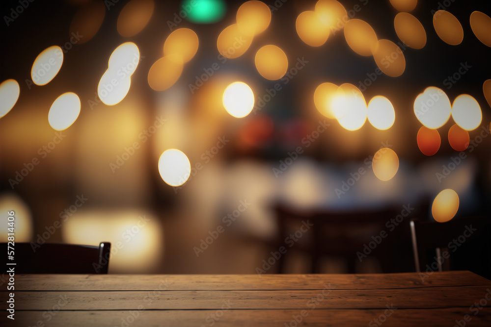 Empty wood table for product display in blur background of admirable restaurant at night