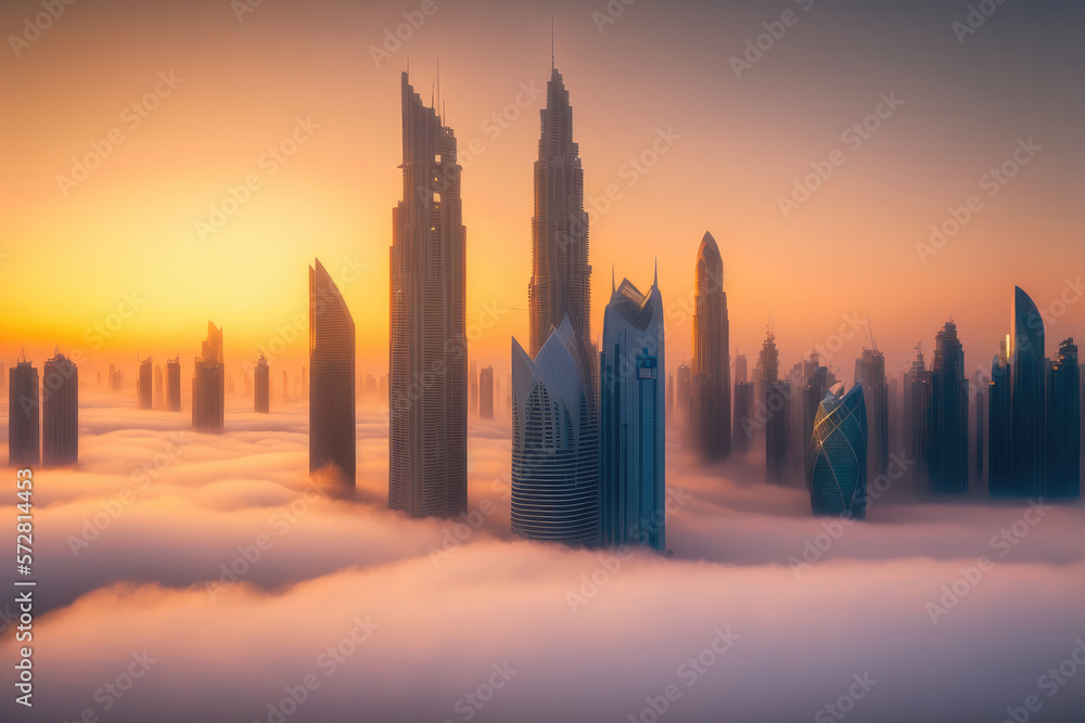 Top of skyscrapers building high above the clouds in the morning sunrise . Futuristic architecture o