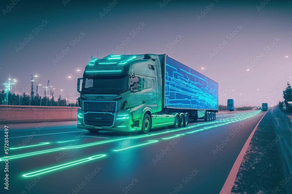 Self driving futuristic freight truck deliver goods to warehouse on city highway road with advanced 