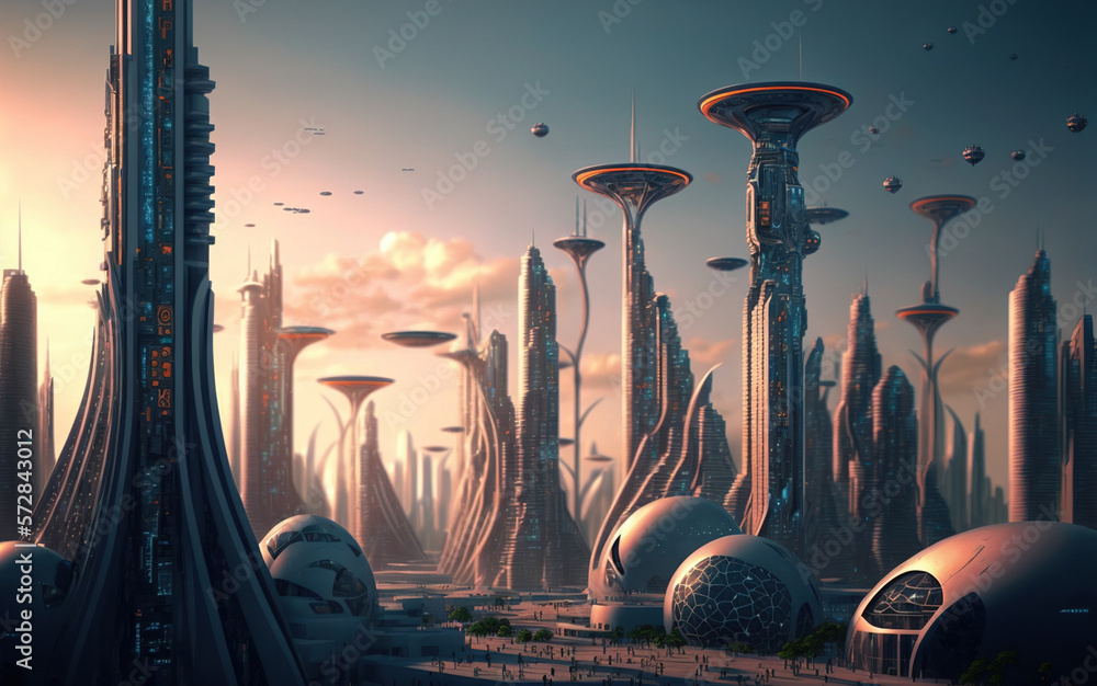 Skyline of futuristic city with fictional architecture in panoramic view . Megalopolis landscape wit