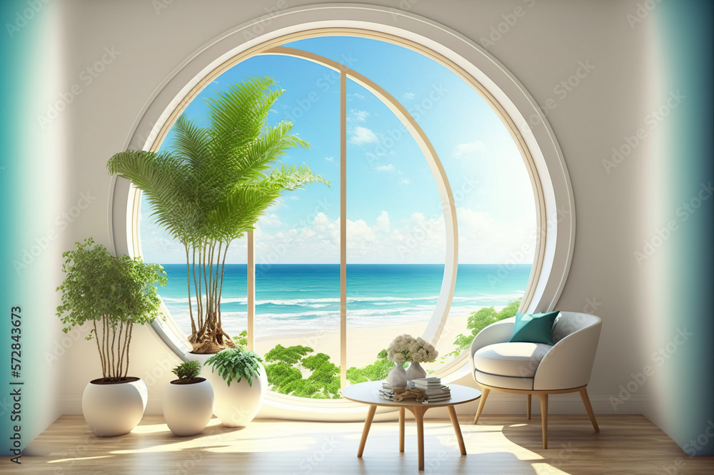 A room with round glass window overlooking beautiful landscape background . Hotel futuristic showroo