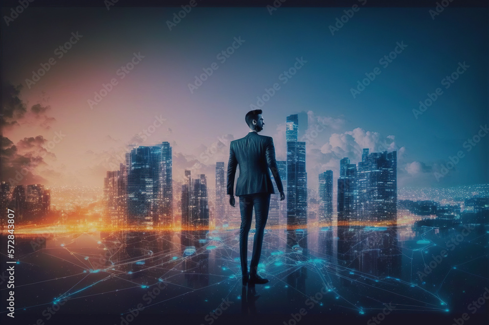 Businessman walking on virtual reality platform to futuristic smart city of opportunity with interne