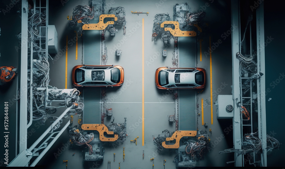 Top View Car Factory with Automated Robot Arm Assembly Line Manufacturing . Sublime Generative AI im