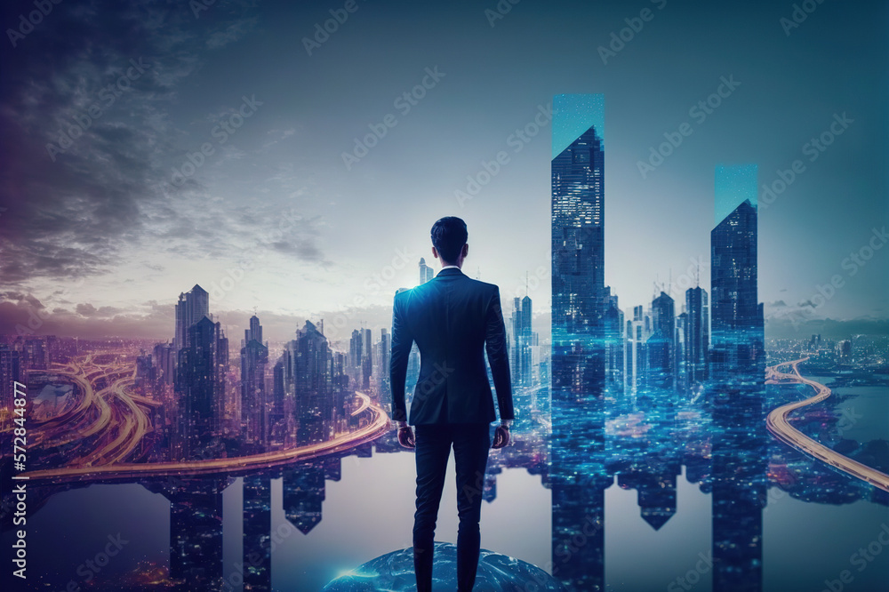 Businessman walking on virtual reality platform to futuristic smart city of opportunity with interne