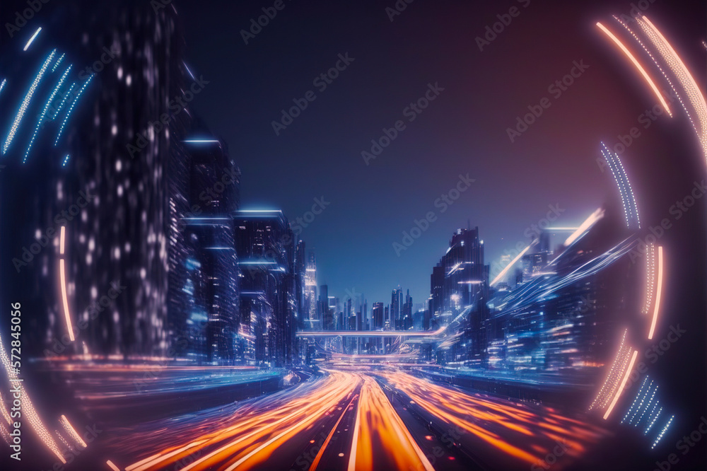 Smart digital city with high speed light trail of cars of digital data transfer . Sublime Generative