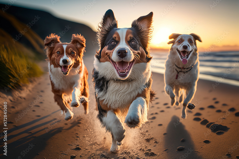 Happy dogs are running towards camera in outdoor activity . Sublime Generative AI image .