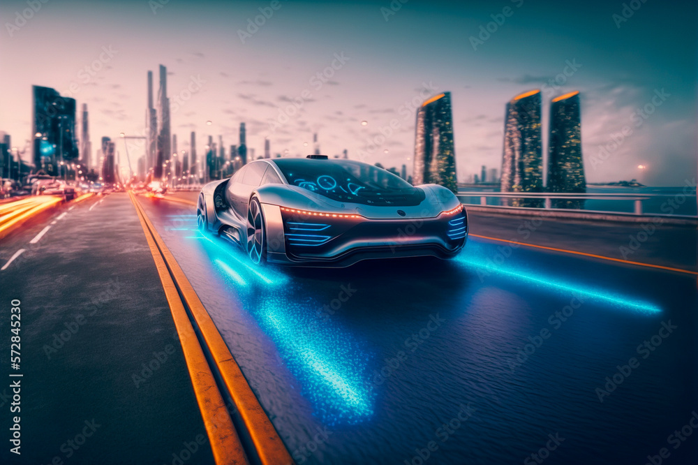 Fast electric car with luxury futuristic autonomous sensor software driving on road in downtown city