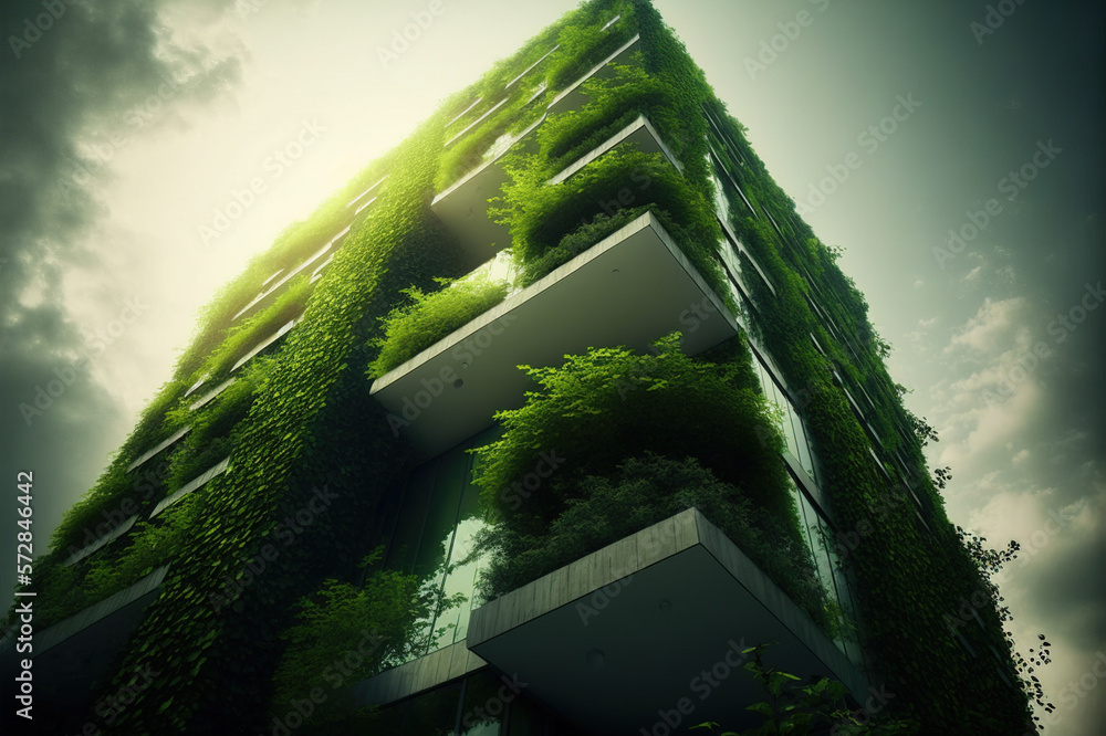 Eco-friendly green building with vertical garden design for sustainability . Sublime Generative AI i