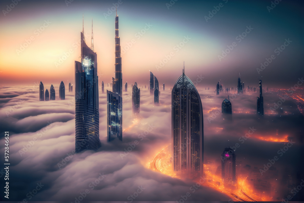 Top of skyscrapers building high above the clouds in the morning sunrise . Futuristic architecture o