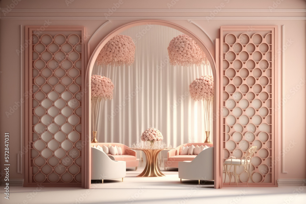 Modern living room interior design decorated in luxurious all pink color monochrome. Peculiar AI gen