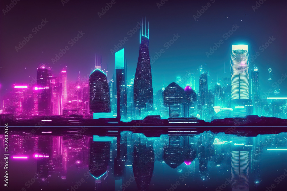 Futuristic city with neon light pink and blue illuminated skyline . Sublime Generative AI image .