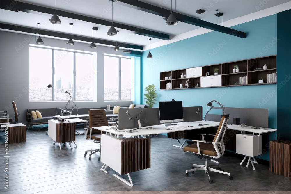 Modern office interior design . Contemporary workspace for creative business. Peculiar AI generative