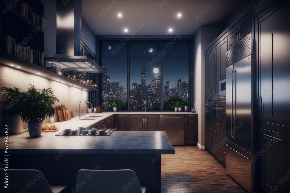 Luxury apartment kitchen at night . Luxury interior decoration design. Peculiar AI generative image.