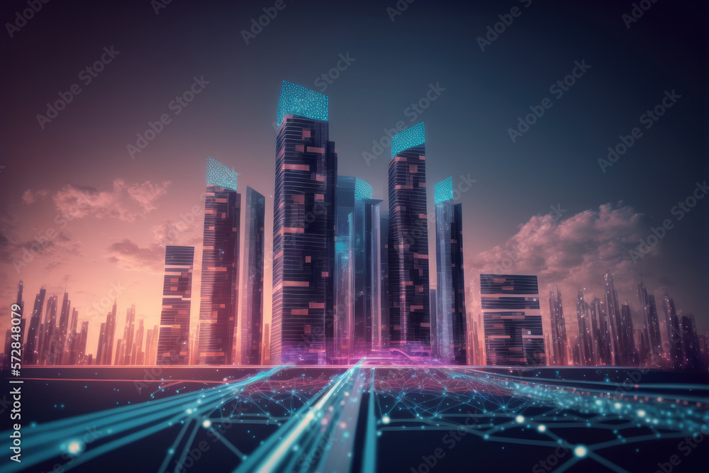 Smart city with communication network graphic connecting the city with wireless internet technology.