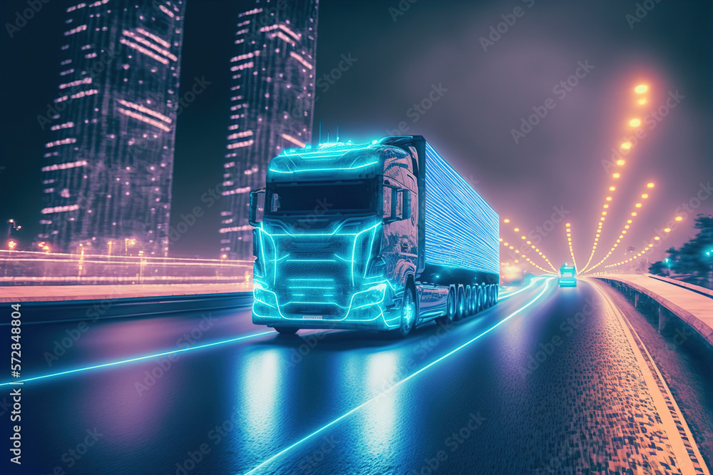 Self driving futuristic freight truck deliver goods to warehouse on city highway road with advanced 