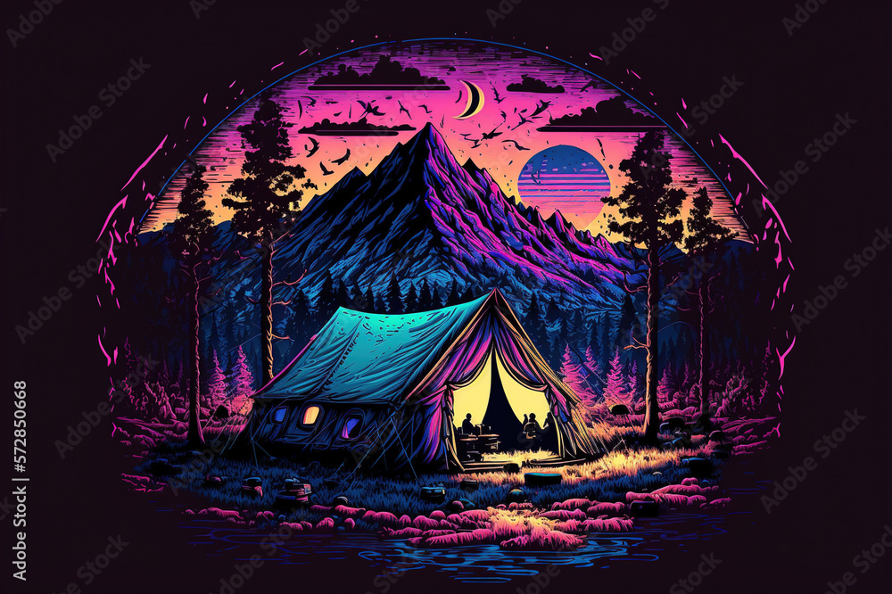 Camping tent illustrated in neon light vaporwave design . Sublime Generative AI image .