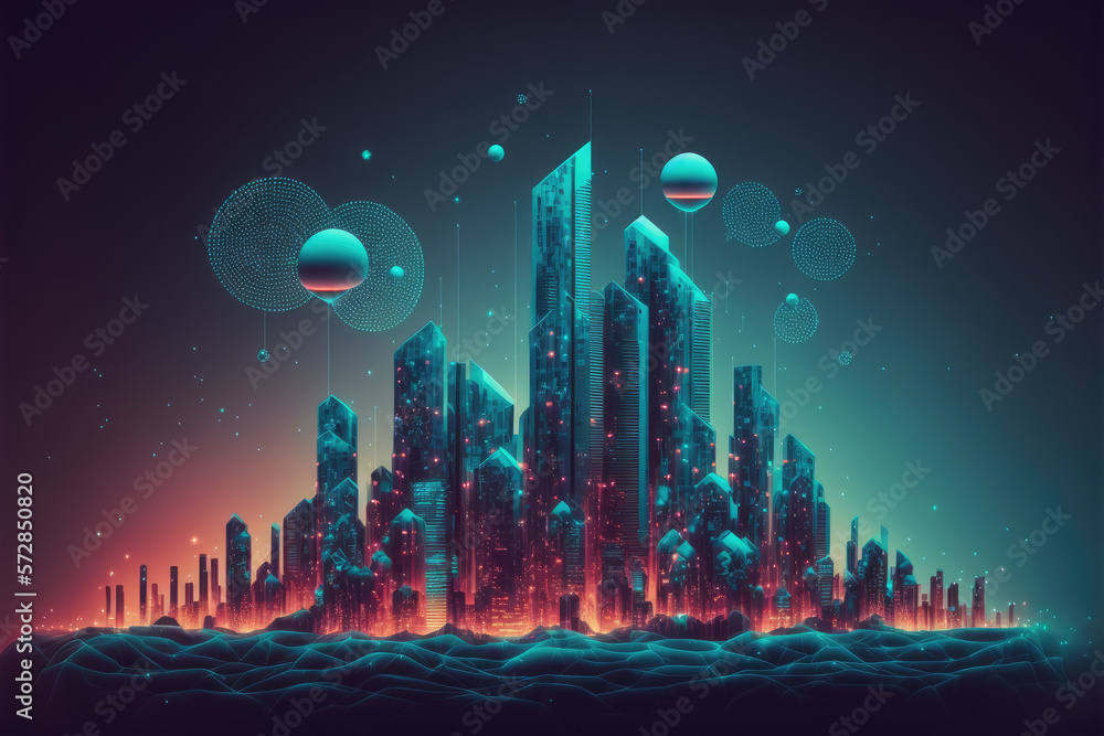 Futuristic smart city internet network connection through wireless system. Peculiar AI generative im