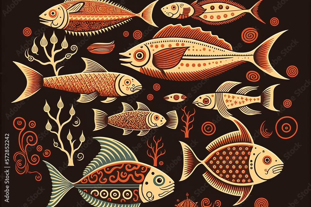 Folk art design of fish pattern wallpaper, red color theme . Sublime Generative AI image .