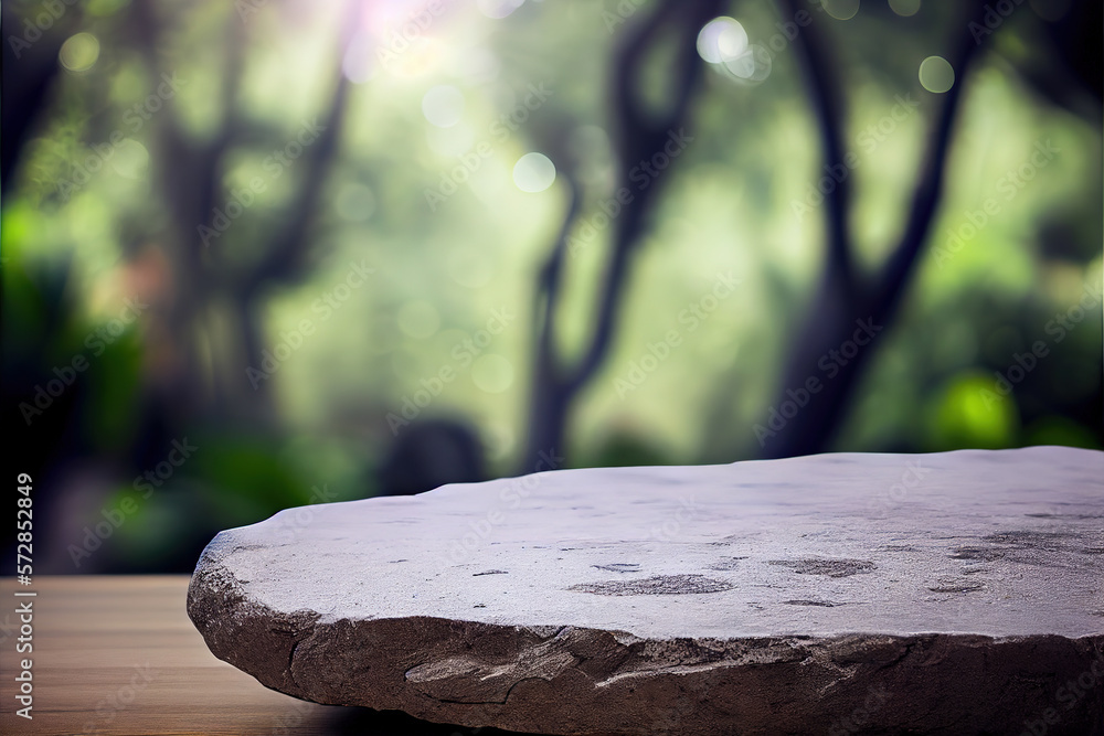 Empty stone table for product advertising display in fresh green jungle blur background . Admirable 