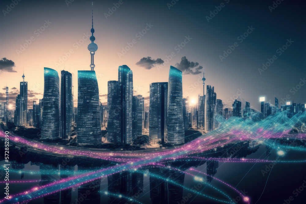 Smart city with communication network graphic connecting the city with wireless internet technology.