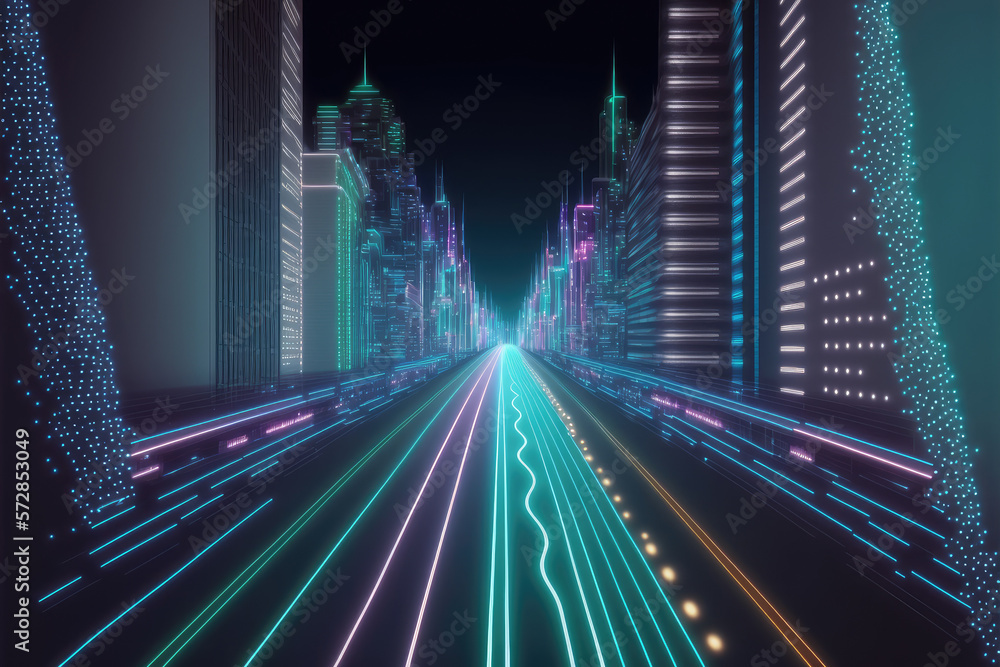 Abstract highway path through digital smart city graphic design. Peculiar AI generative image.